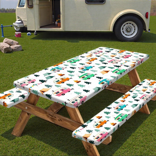 Camping Picnic Table Cover with Bench Covers Elastic Edges, Waterproof Windproof Outdoor RV Tablecloths with Drawstring Bag, Rectangle Tables and Seats Cover 30X72 Inch