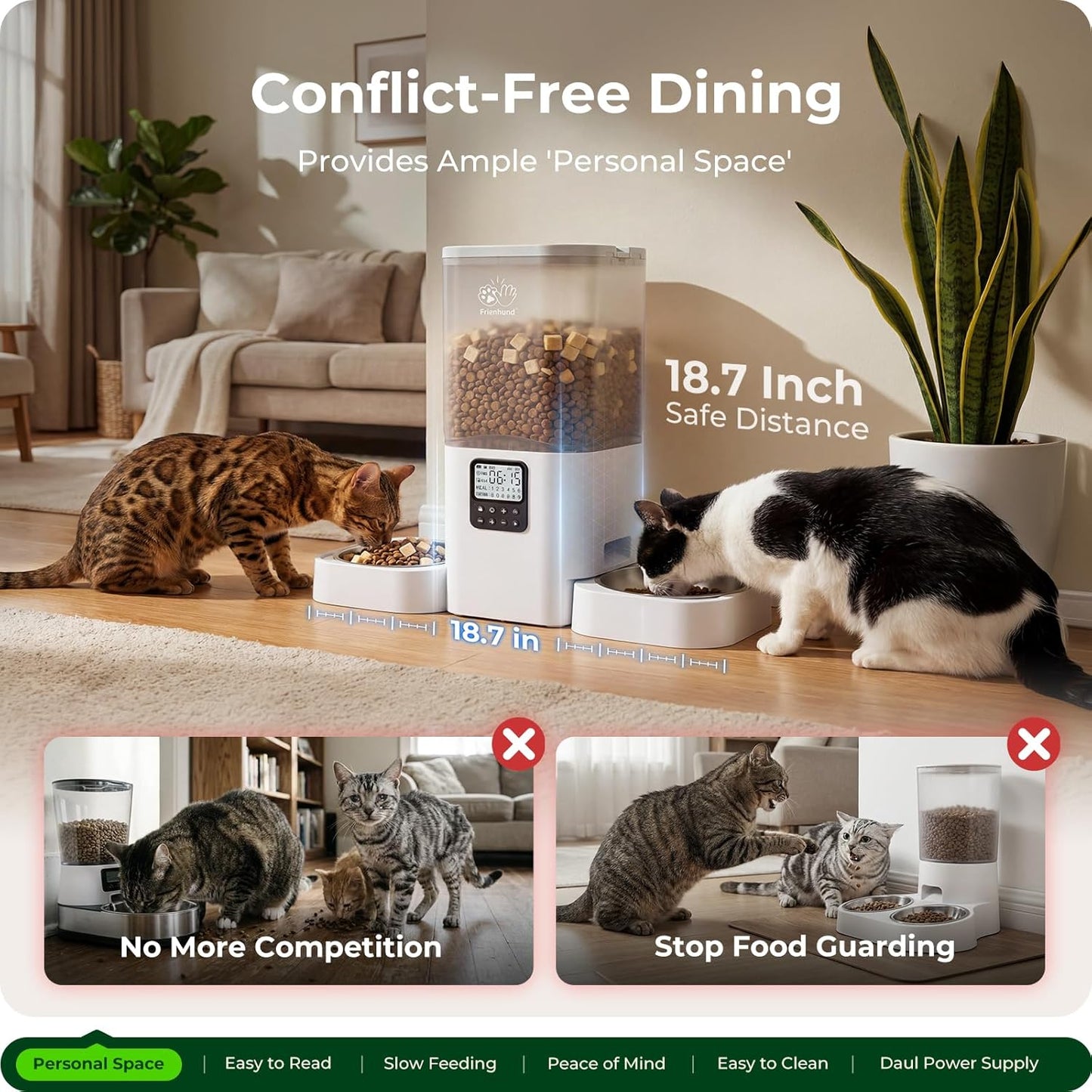 Frienhund Timed Automatic Cat Feeder 2 Cats with Slow Feed: Dual Automatic Dog Feeder with Information Visualization, Programmable Auto Cat Food Dispenser for Multiple Pets,Detachable for Clean-29 Cup