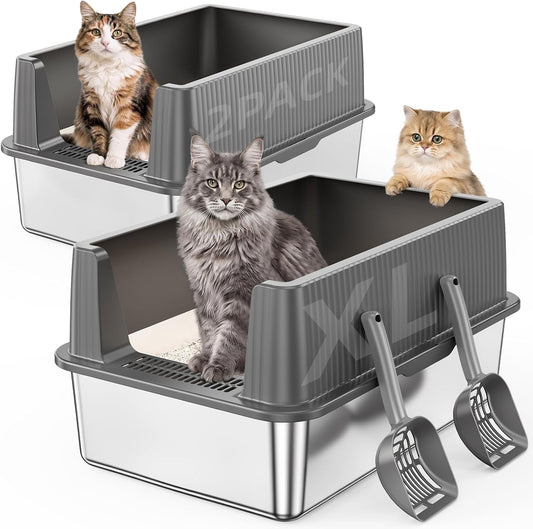 Stainless Steel Cat Litter Box with High Sides Lid,2 Pack XL Extra Large Metal Kitty Litter Pan, Non-Stick and Odor Free, Open Top Low Entry Design, Includes Scoop, Leakproof, Easy Clean,Grey