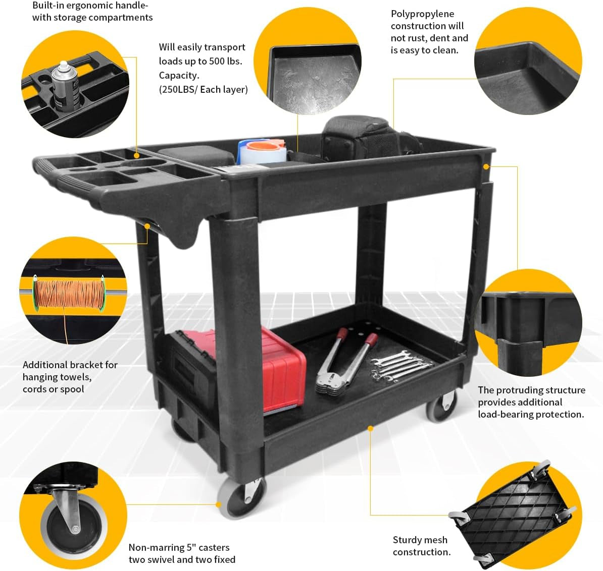 Maxworks Heavy Duty 2‑Shelf Service Cart 500 Lb Capacity Polypropylene Utility Cart with 5" Non‑Marring Casters Deep Trays and Built‑In Tool Storage for Garage Warehouse Workshop (80855)