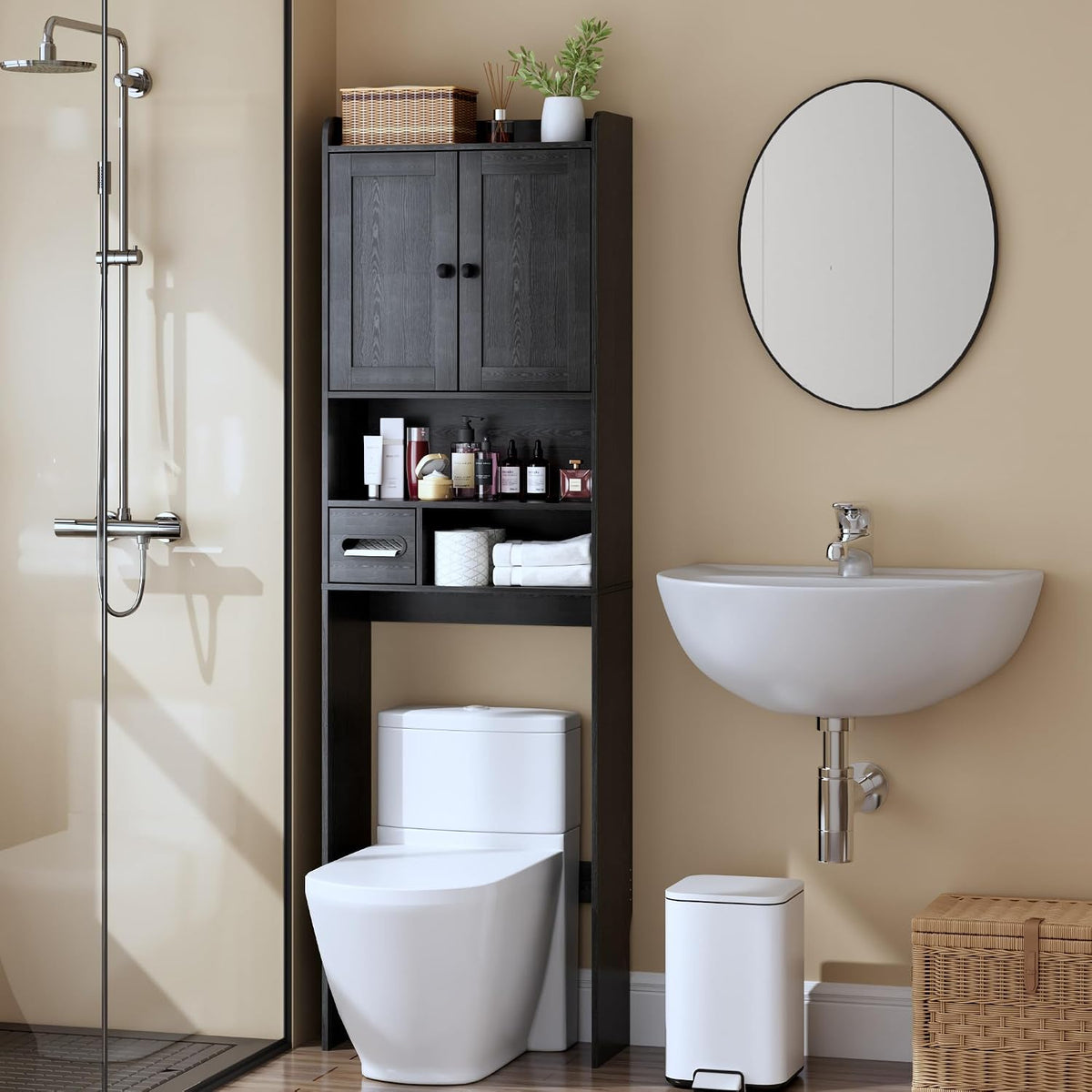 Over the Toilet Storage Cabinet,Tall Slim Bathroom Organizer with Doors, Adjustable Shelves & Built-In Toilet Paper Holder, Space-Saving above Toilet Cabinet for Small Bathrooms(Black)