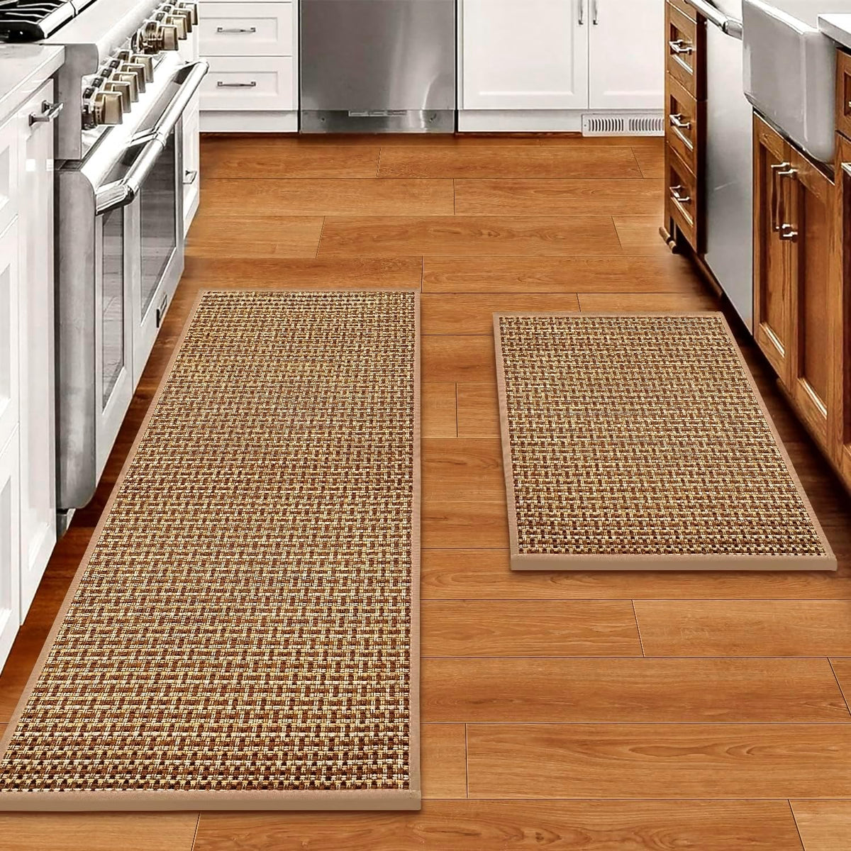 Eqivei Kitchen Rugs and Mats Non Skid Washable Set of 2 PCS, Absorbent Runner Rugs for Kitchen, Farmhouse Weave Floor Mats in Front of Sink, 17.3"X 47"+17.3"X 29" (Brown)