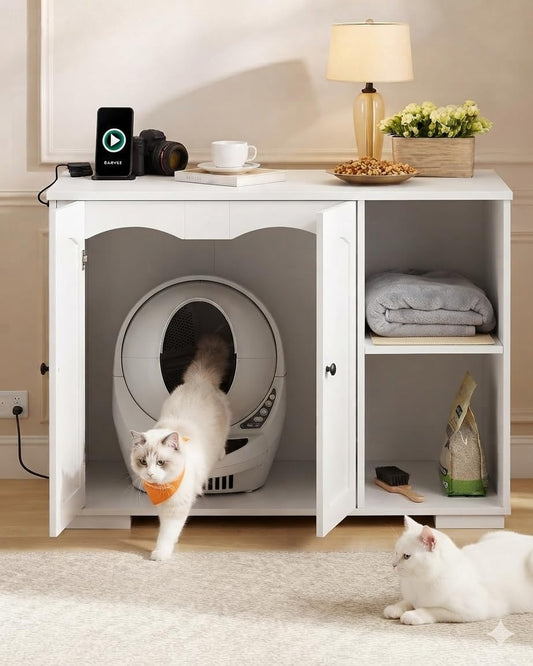Large Litter Box Cabinet, Hidden Cat Washroom, Power Outlet, Warm White