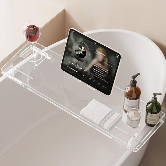 Bathtub Tray, Acrylic Bath Caddy with Adjustable Lock - Sweet Gift for Birthdays, Weddings, Anniversaies, and Housewarmings, Clear