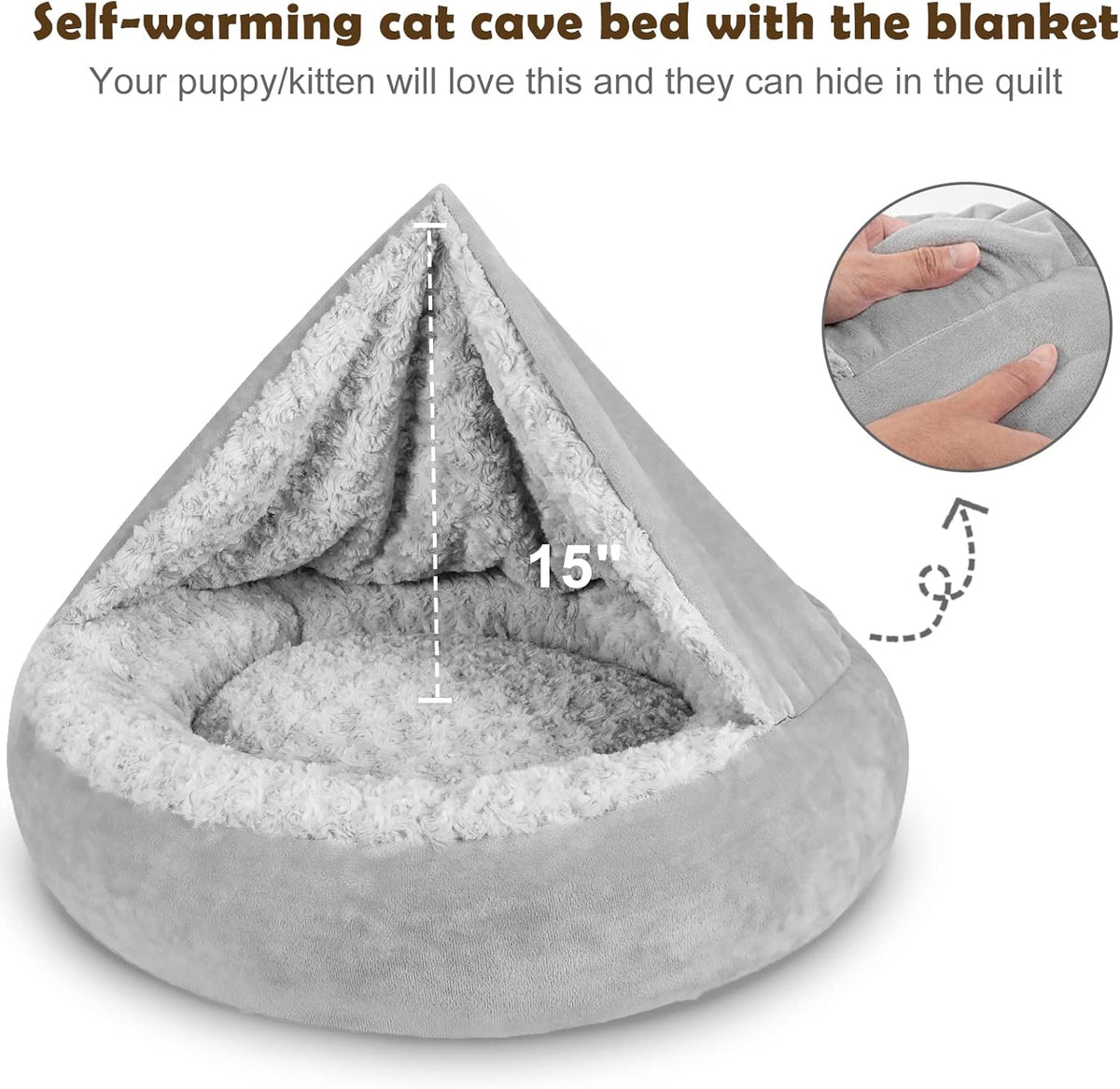 JOEJOY Small Dog Bed Cat Bed with Hooded Blanket, Cozy Cuddler Luxury Puppy Pet Bed, Donut round Calming Anti-Anxiety Dog Burrow Cave Bed - Anti-Slip Bottom and Machine Washable 23 Inch
