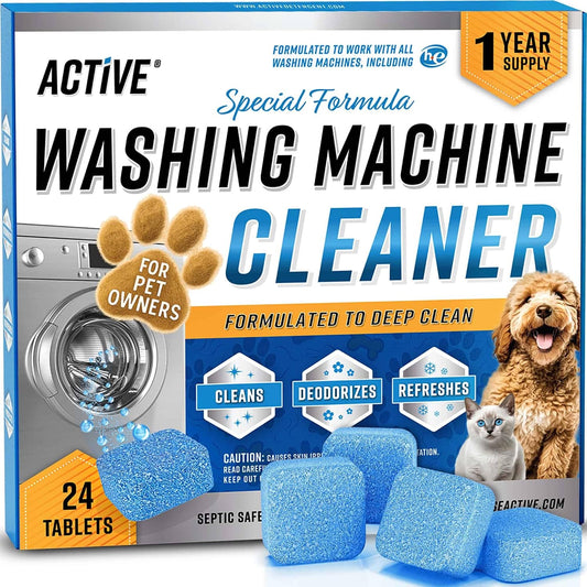 ACTIVE Washing Machine Cleaner for Pet Owners Enzymatic Deep Clean Descaler for Cat & Dog Hair, Urine, Odor, Residue, 24 Septic-Safe Tablets for Top Load, Front Loader, HE Washer Tub - 1 Year Supply