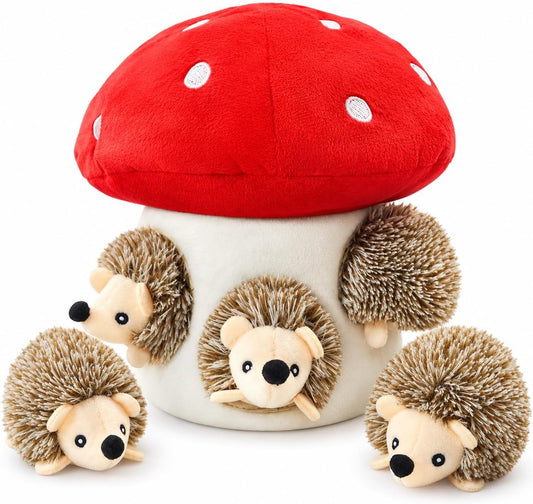 Hide and Seek Dog Toys, Mushroom Crinkle Paper Hideaway with 5 Pack Squeaky Hedgehogs Interactive Plush Puzzle Puppy Chew Toy to Keep Them Busy for Small Medium Large Dogs