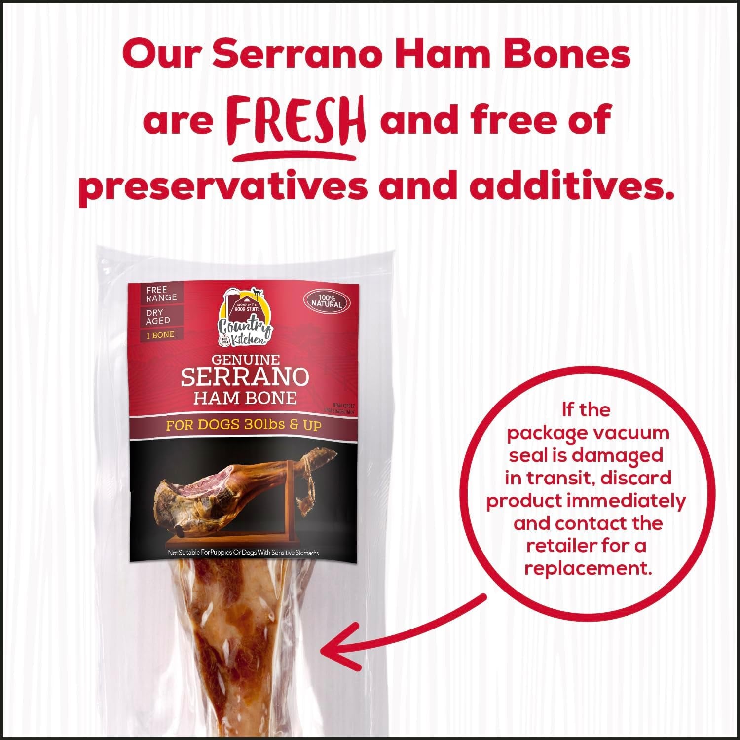 Country Kitchen Genuine Serrano Half Ham Bone, 100% Natural, Dry Aged, for Medium Sized Dogs, 20 Lbs and Up, 2 Bones, Pack of 1