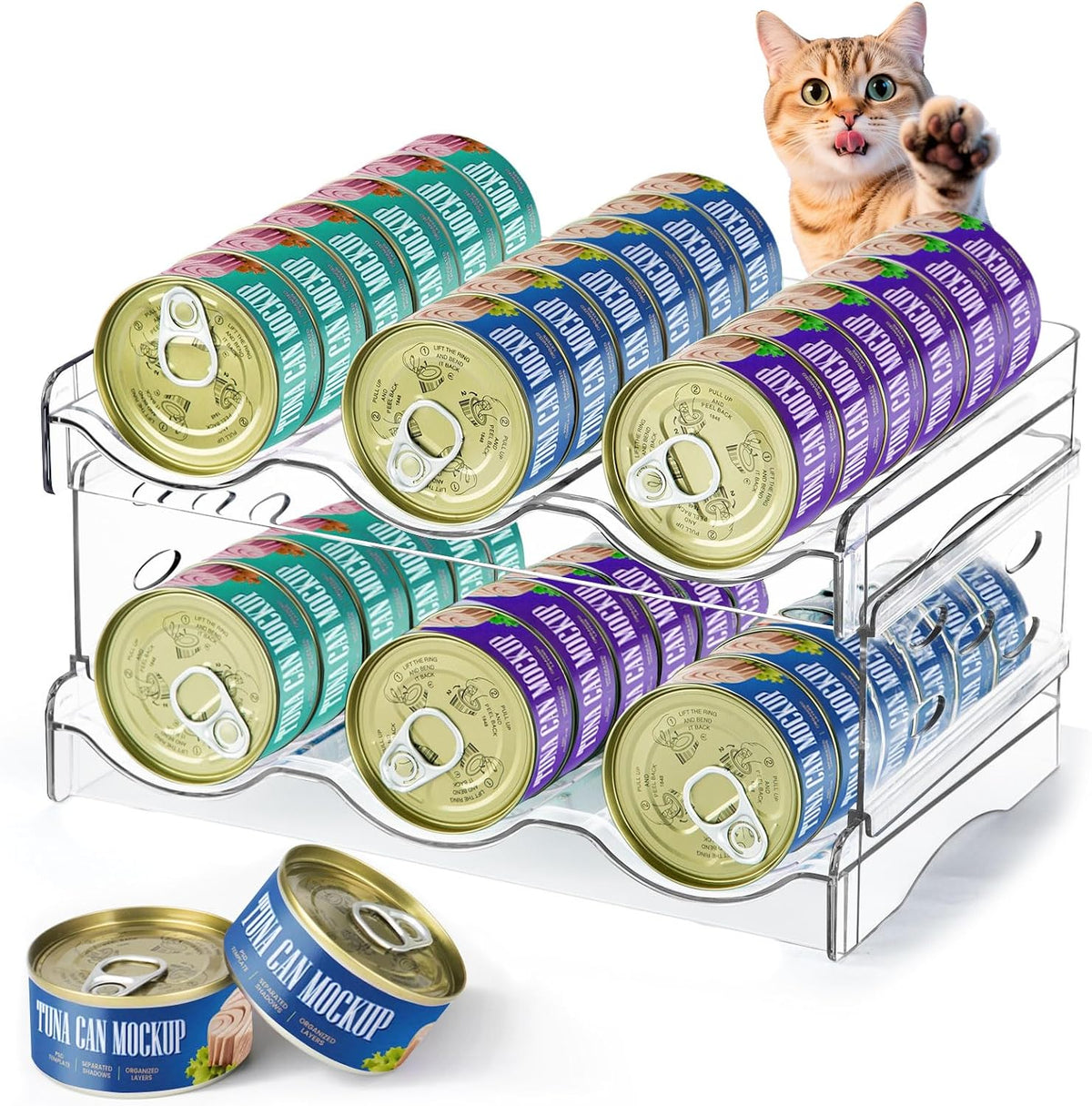 REFLYING Cat Food Can Organizer 2-Tier Holds 36 Cans 3.5Oz Clear
