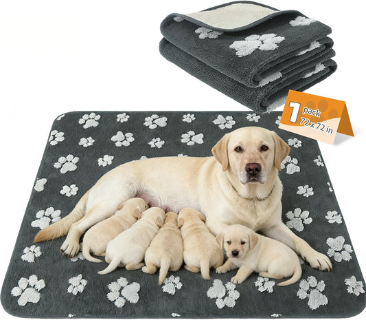 Washable & Waterproof Dog Whelping Pad for Large Dogs, 72X72In Super Absorbent & Soft Warm Plush Puppy Pads Potty Training, Quick Dry Reusable Pet Mats for Whelping Box Supplies,Playpen,Crate