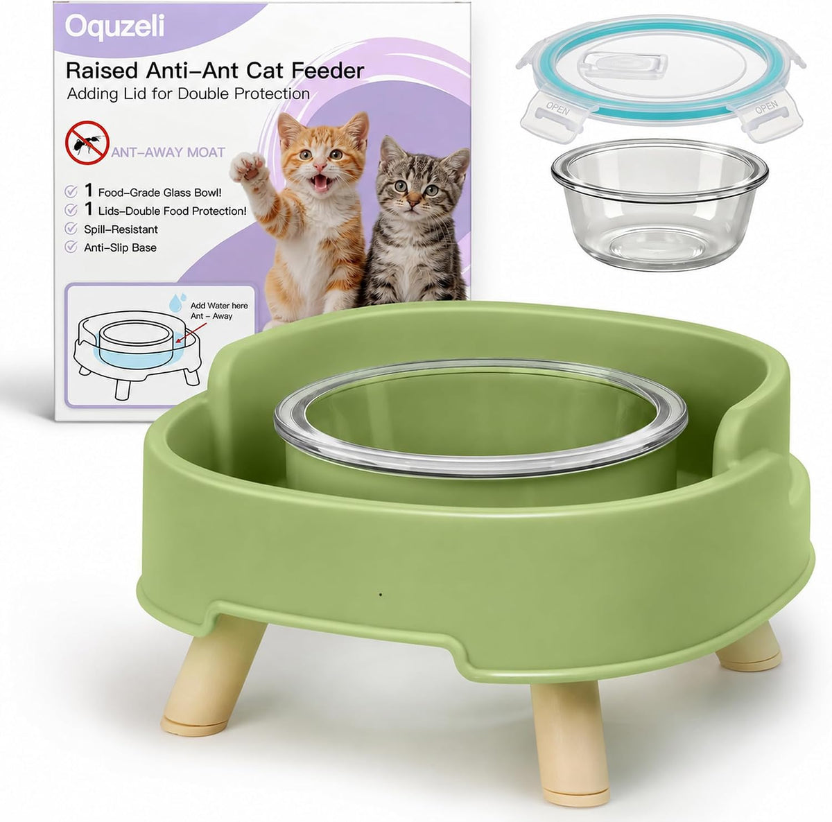 Ant Proof Cat Food Bowl, Elevated Glass Bowl with Water Moat, Lid, Green