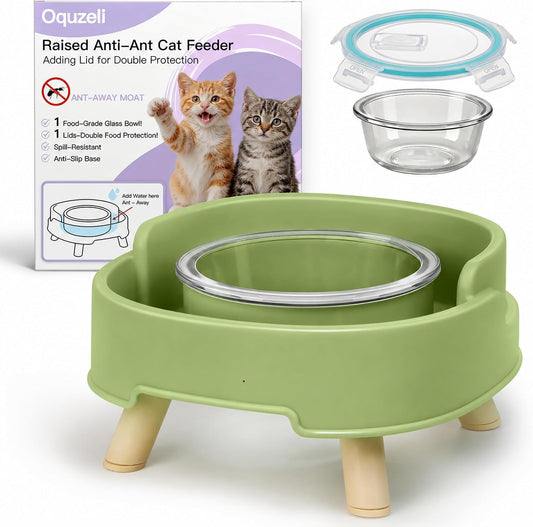 Ant Proof Cat Food Bowl, Elevated Glass Bowl with Water Moat, Lid, Green