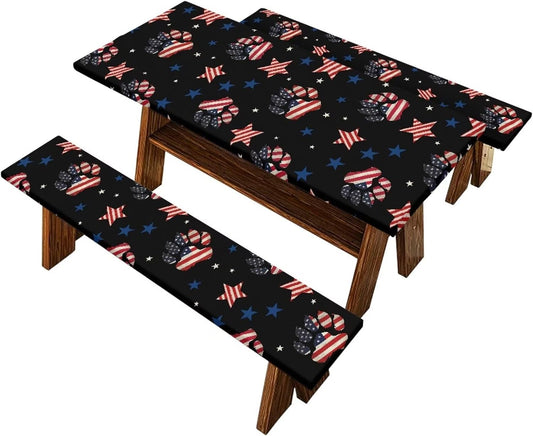 American Flag Dog Paw Icnic Table and Bench Fitted Tablecloth Cover Fitted Rectangle Tables and Seats with Elastic Camping Essentials Fitted Tablecloth