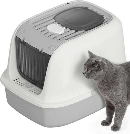 Cat Litter Box with Scoop, Front Entry Covered Litter Box with Lid, Top Exit Kitty Litter Box, Easy to Clean Durable Plastic Litter Pan, Ideal Size for Small to Medium Cats 20.6”×16”×14.3”Grey
