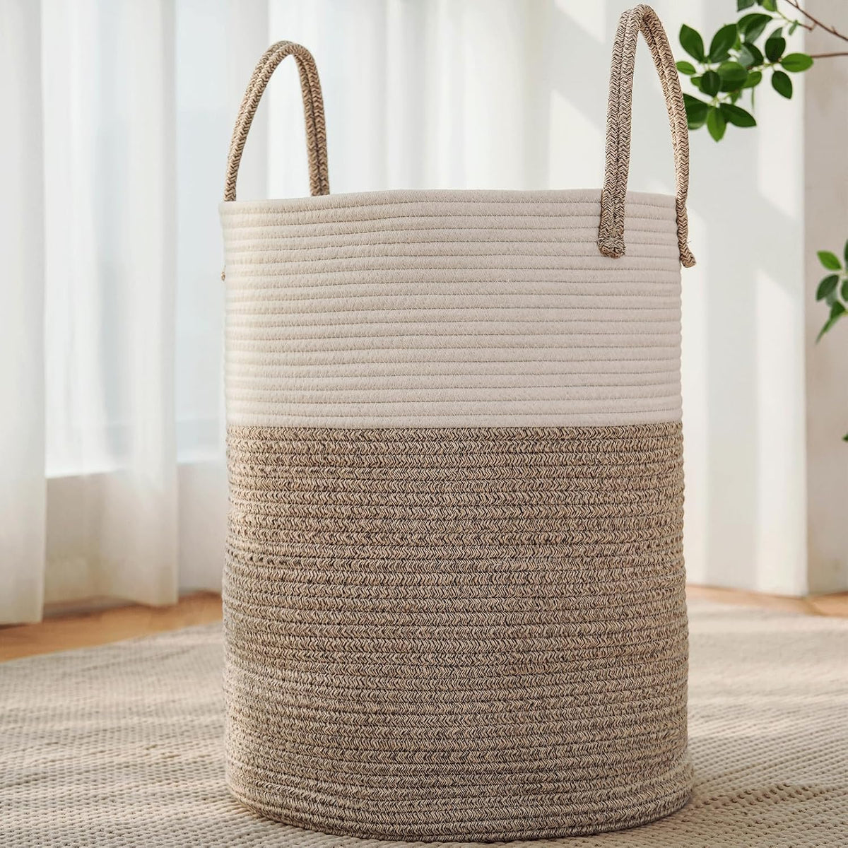 Jmvicyroam 60L Cotton Rope Laundry Basket Hamper, Brown
