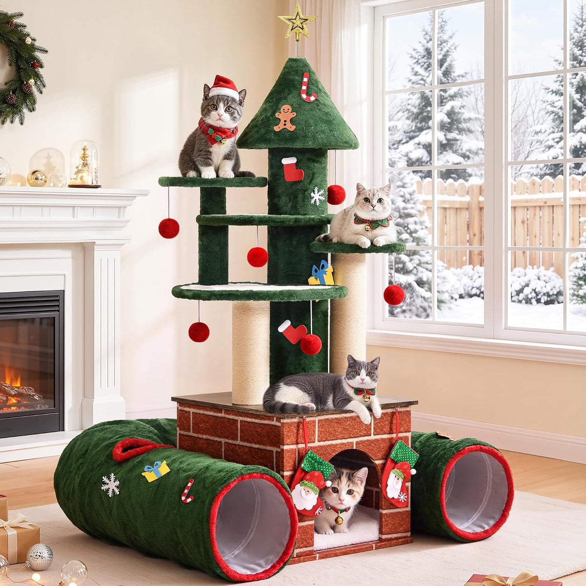 YITAHOME Christmas Cat Tree with Tunnel, Christmas Tree Tower with House
