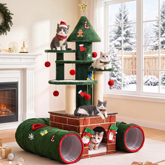 YITAHOME Christmas Cat Tree with Tunnel, Christmas Tree Tower with House