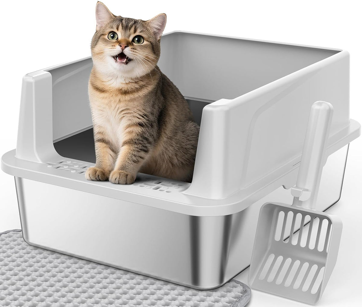 FURTIME Stainless Steel Cat Litter Box, Small Cats Metal Litter Box