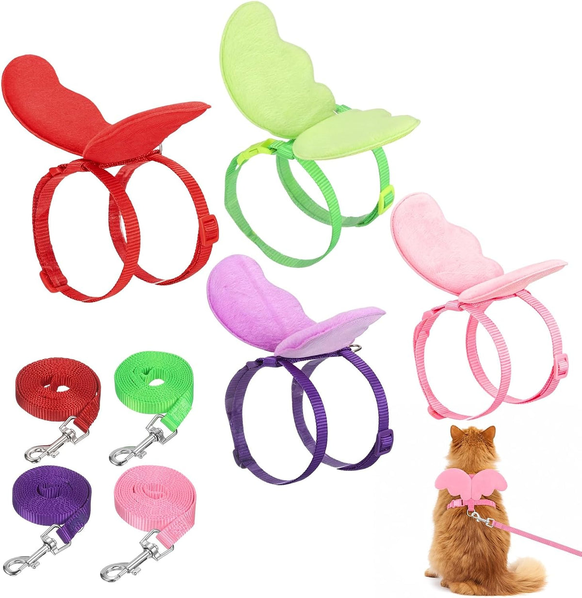 M METERXITY 4-Pack Pet Harness and Leash Set, Nylon Adjustable Angel Wing Harnesses for Cats/Dogs/Chickens/Ducks/Rabbits/Geese, Outdoor Training Traction Rope [Purple/Red/Green/Pink, Size S]