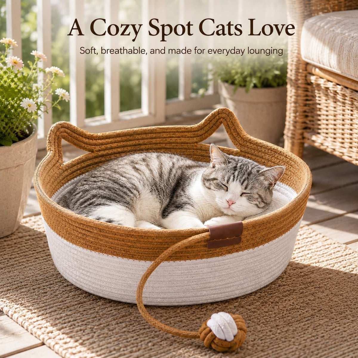 Large Instinct Basket Stimuli Cat Bed, Handwoven Cotton Rope Cat Basket