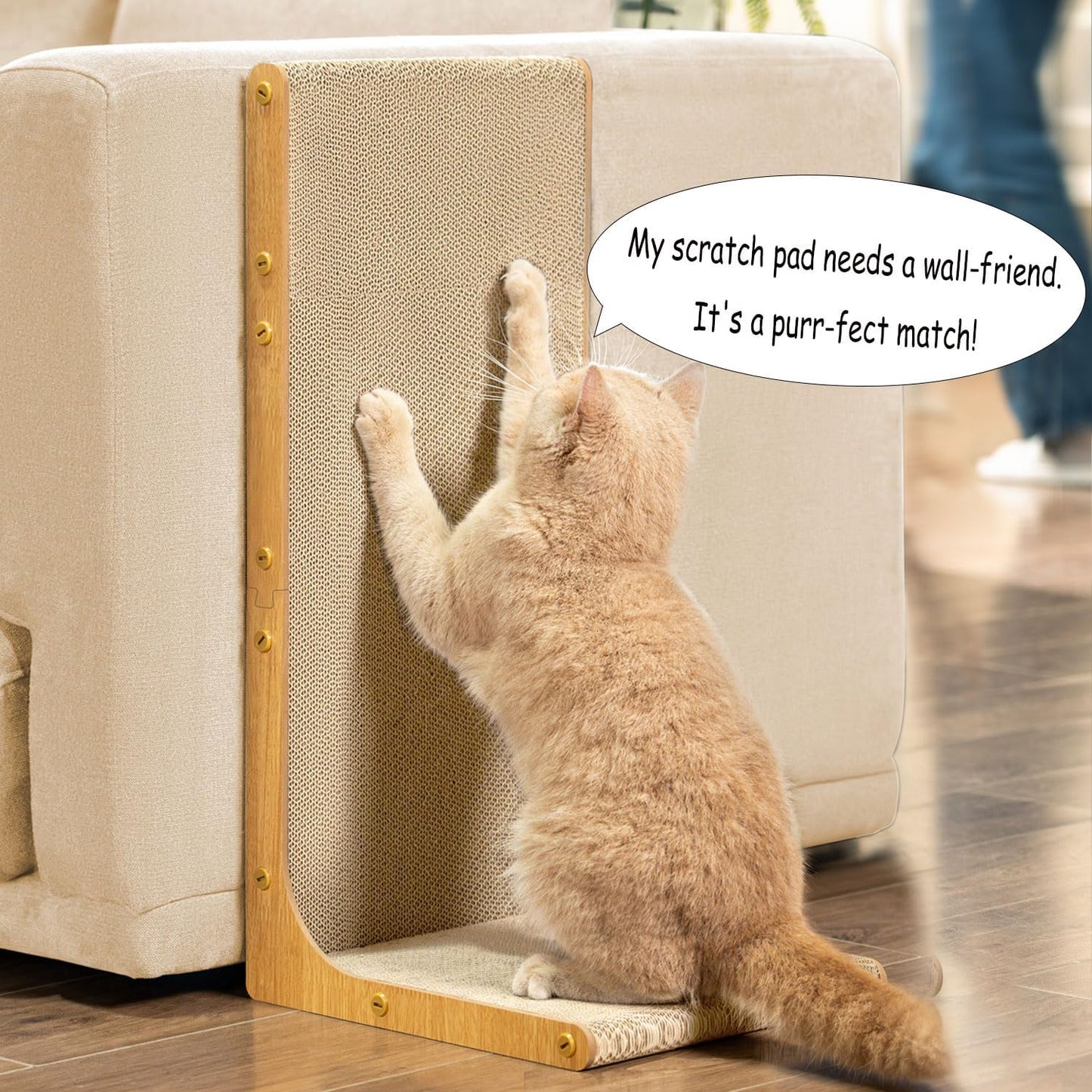 Conlun Cardboard Cat Scratcher, 23" L-Shaped Scratch Pad, Vertical Wall-Leaning Scratching Board to Protect Furniture for Indoor Cats,Wood Grain Large