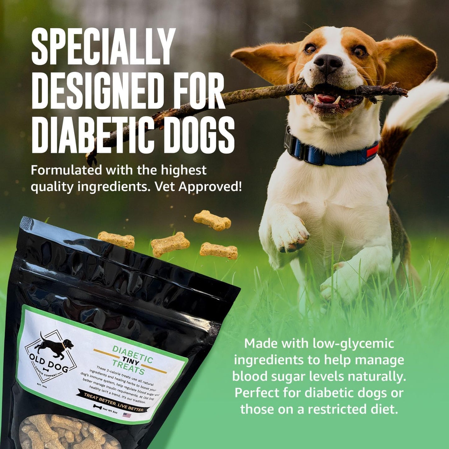 Old Dog Cookie Company Tiny Diabetic Dog Treats | All Natural, 2 Calorie, Vet Approved Pet Snacks | Top Treat for Dogs | Healthy Chews for Large, Medium & Small Breeds | 8 Oz