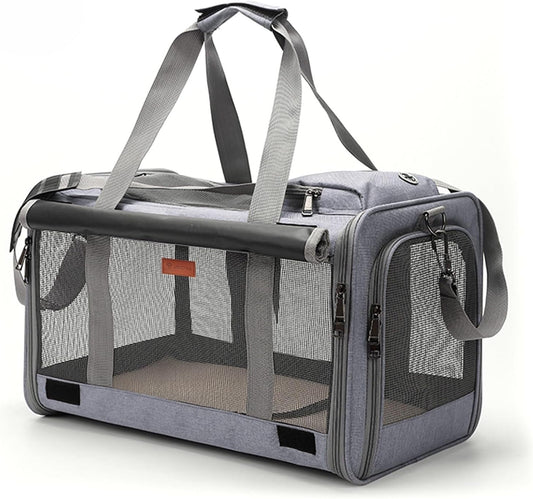 Soft-Sided Mesh Pet Travel Carrier with Shoulder Strap, Removable Washable Fleece Pad, Dual-End Openings & Shade Curtain, for Dogs & Cats up to 20 Lbs, 19" L X 10.5" W X 11.5" H. (Grey)