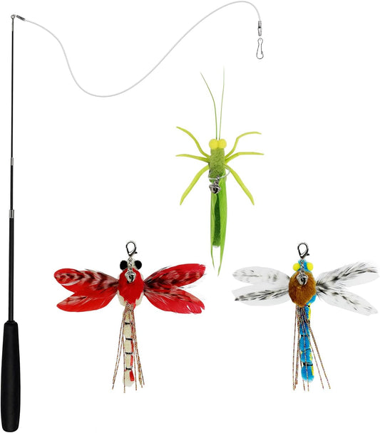 Ttcat Cat Feather Wand Toys,Retractable Wand Toy with 3 Simulation Insects Dragonfly Grasshopper Refills,Interactive Cat Toy Kitten Toy for Indoor Cats to Play Chase Exercis.
