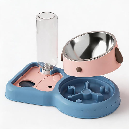 3-In-1 Dog Bowl with Automatic Water Dispenser & Slow Feeder, 15° Tilted Elevated Pet Bowl, Detachable Stainless Steel Food Bowl, Anti-Choking Maze for Small & Medium Dogs (Pink)