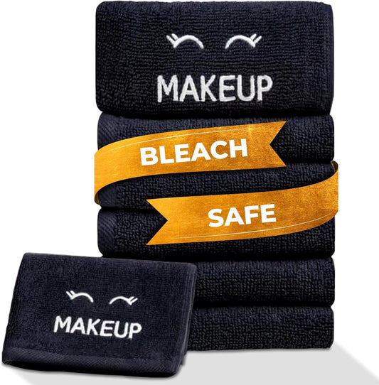 White Classic Bleach Safe Black Makeup Towels 6 Pack, 13X13, Luxury Cotton
