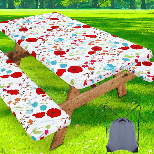 Misaya Picnic Table Cover with Bench Cover, Waterproof Elastic Fitted Tablecloth for 6 Foot Tables, Rectangle Washable Polyester Fabric Tablecloths for Picnic, Camping, Outdoor (Flower, 30" X 72")