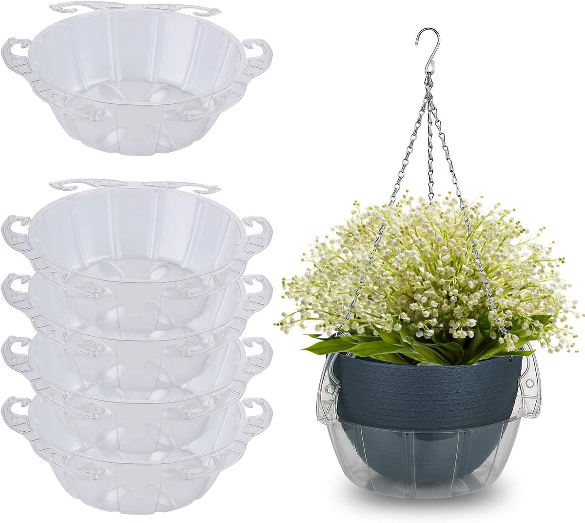 Idyllize 5 Piece of 10 Inch Clear Plastics Plant Saucers Drip Pans for Hanging Basket Indoor and Outdoor (10'')