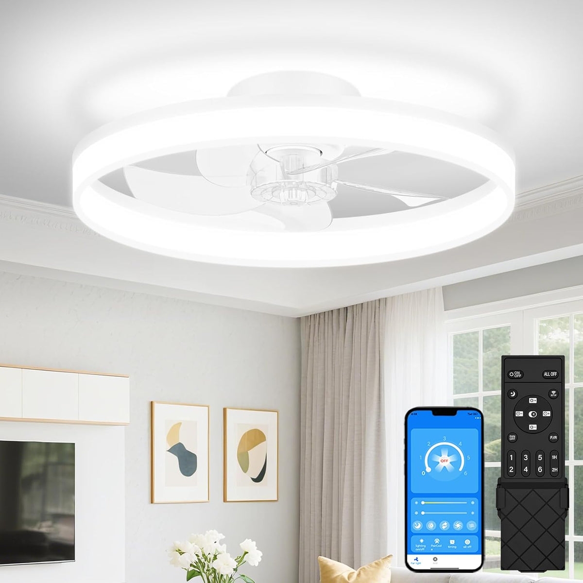 VOLISUN Low Profile Ceiling Fans with Lights and Remote, 20In Fandelier Ceiling Fan Flush Mount, 3000K-6500K Smart Bladeless LED Fan Light, White Modern Ceiling Fans with Lights for Bedroom