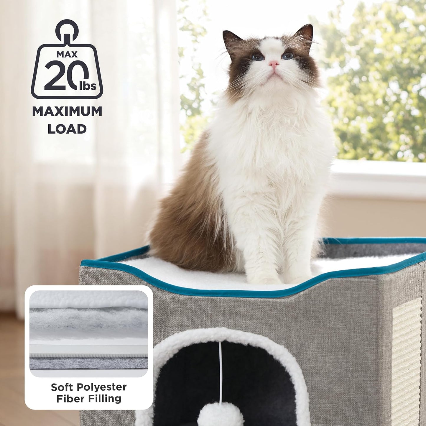 Bedsure Cat Beds for Indoor Cats - Large Cat Cave for Pet Cat House with Fluffy Ball Hanging and Scratch Pad, Foldable Cat Hideaway, 16.5X16.5X13 Inches, Grey