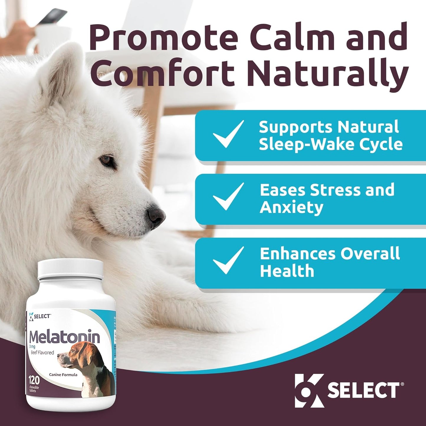 K9 Select Melatonin for Dogs - Composure Dog Calming Chews - Dog Melatonin for Sleep - Reduce Stress Helps Composure Calming Treats for Small Dogs - 3 Mg, 120 Beef Flavored Chewable Tablets