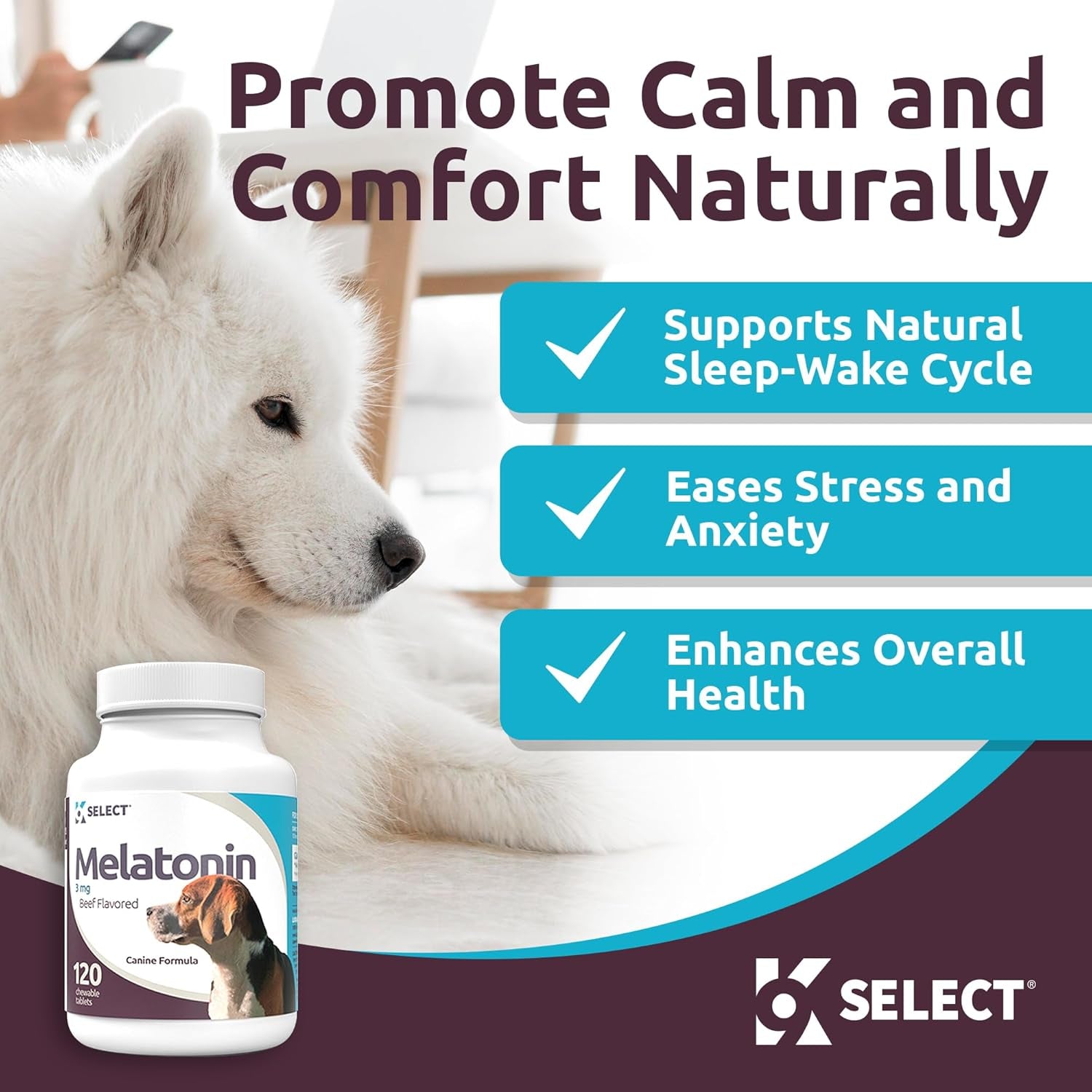 K9 Select Melatonin for Dogs - Composure Dog Calming Chews - Dog Melatonin for Sleep - Reduce Stress Helps Composure Calming Treats for Small Dogs - 3 Mg, 120 Beef Flavored Chewable Tablets