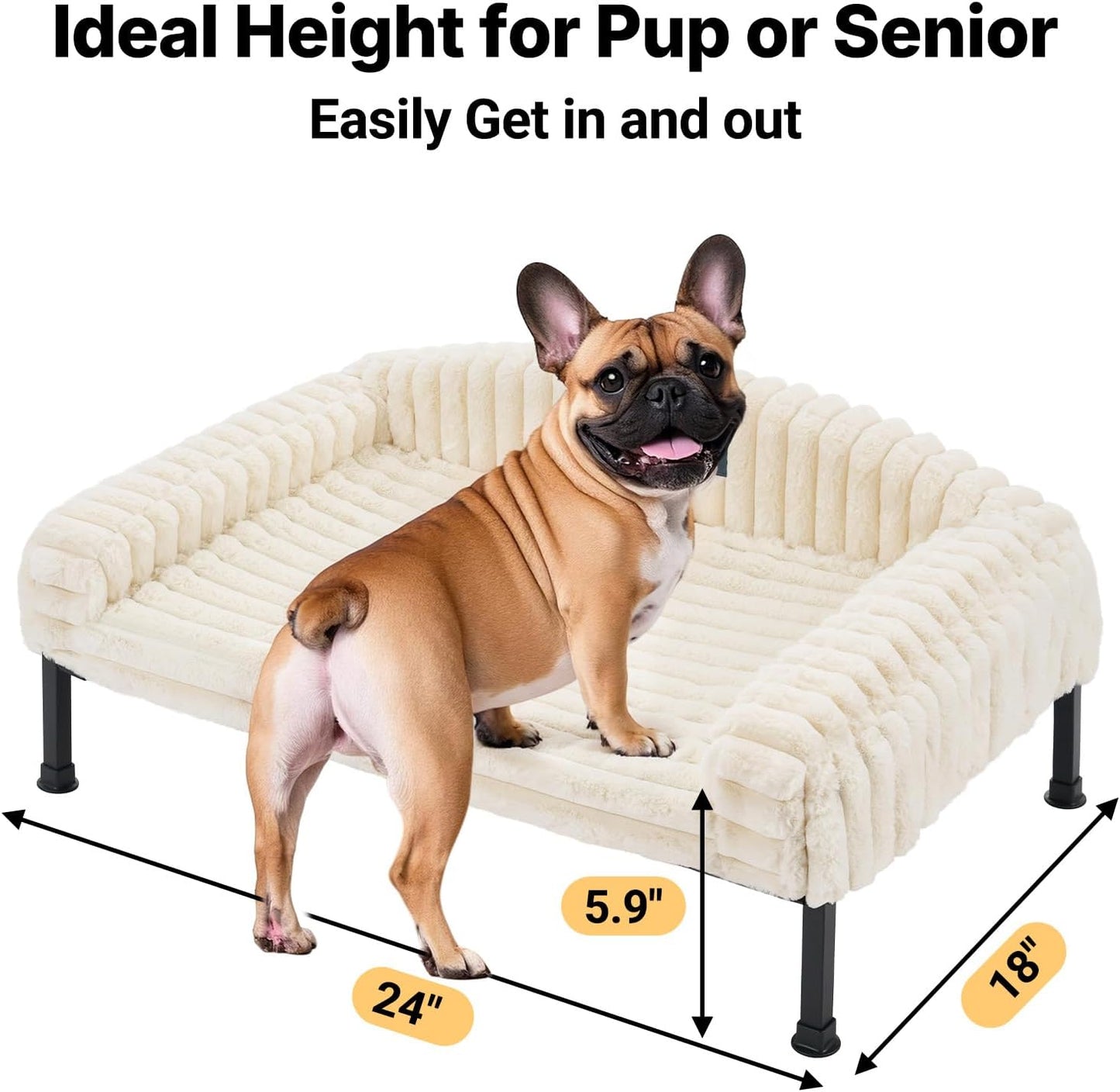 Veehoo Elevated Dog Bed with Bolster Cushion, Fluffy Plush Dog Couch Beds for Small Dogs, Cats, Washable Raised Pet Cot with Non-Slip Feet for Indoor or Patios Use, 24 X 18 Inches, White