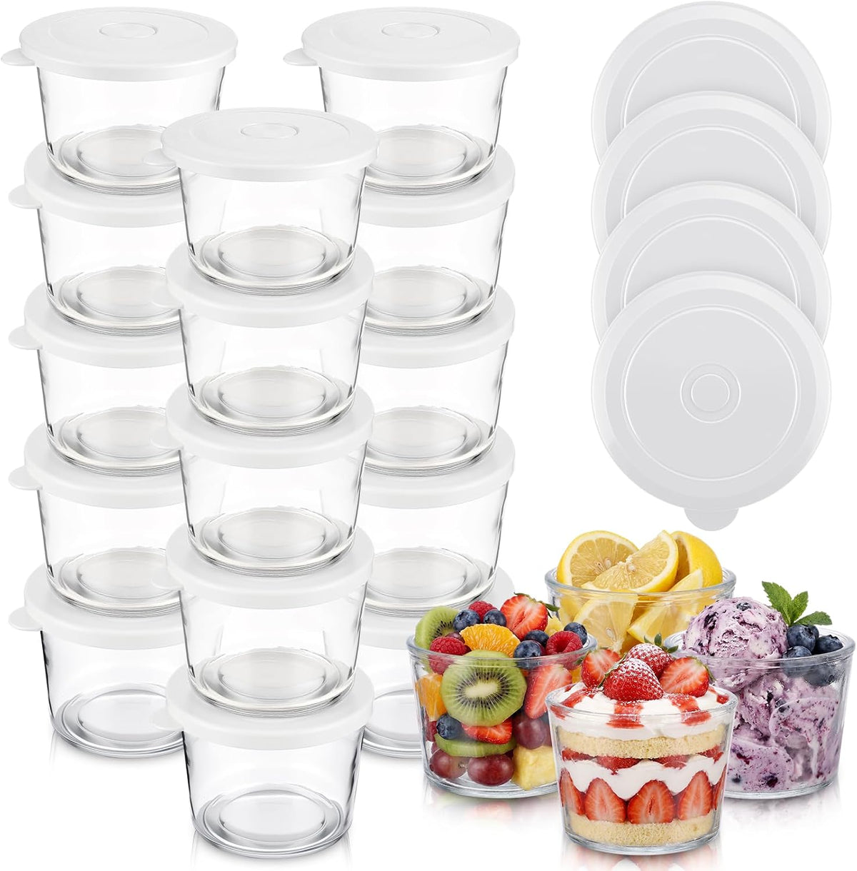 Sawysine 15 Pack Glass Ramekin Cups with Lids, 8.5 Oz Custard Cups, Cream