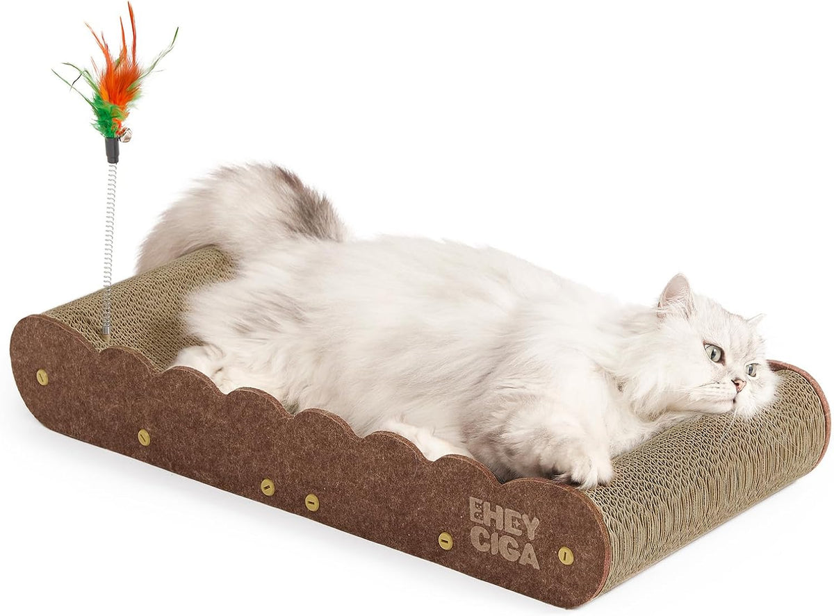 EHEYCIGA 26" Large Cardboard Cat Scratcher Bed with 2 Cat Toys, Brown