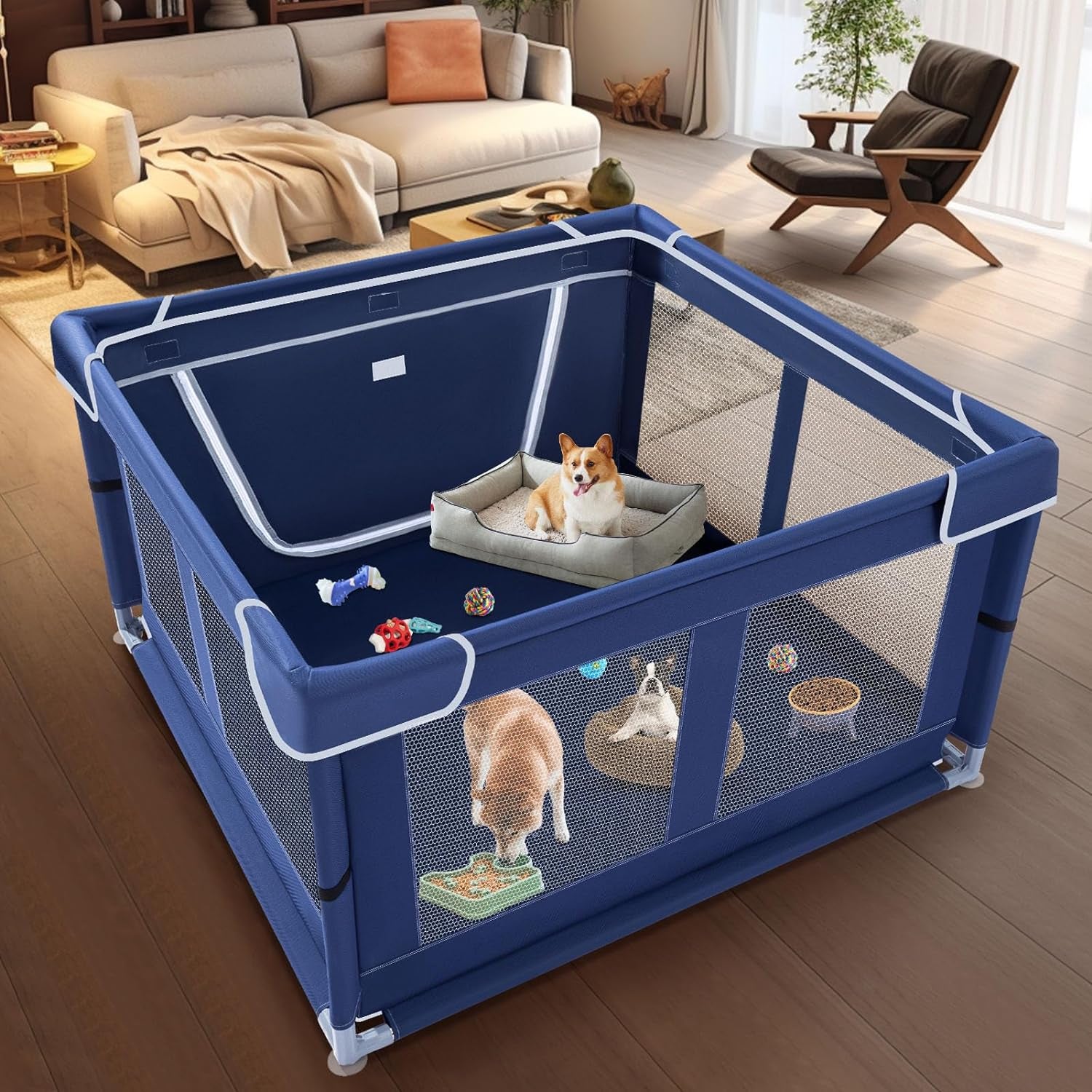 XVISHX 42X42 Inches Puppy Playpen with Gate, Dog Playpen for Puppies or Small Dogs, Dogfence Pet Playpen for Indoor & Outdoor, Sturdy Safety Dogpen with Thickened Fabric, High-Strength Nylon Wire Mesh