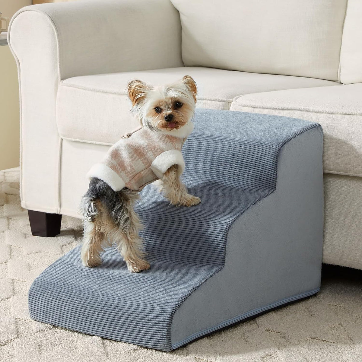 LEXTRO Dog Stairs for Small Dogs, 3-Steps Dog Ramp for Bed and Couch, Pet Stairs with Highly Supportive Foam and Non-Slip Bottom, Dogs Steps for Cat & Doggie (High 15.7 Inch)