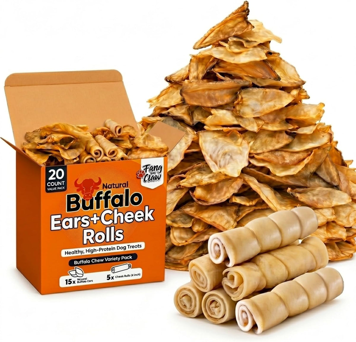 Buffalo Ears + Cheek Rolls for Dogs - 20 Count Variety Pack - 15 Whole Buffalo Ears + 5 Cheek Rolls (6") - Rawhide-Free Single-Ingredient Long-Lasting Dog Chews for Medium & Large Dogs