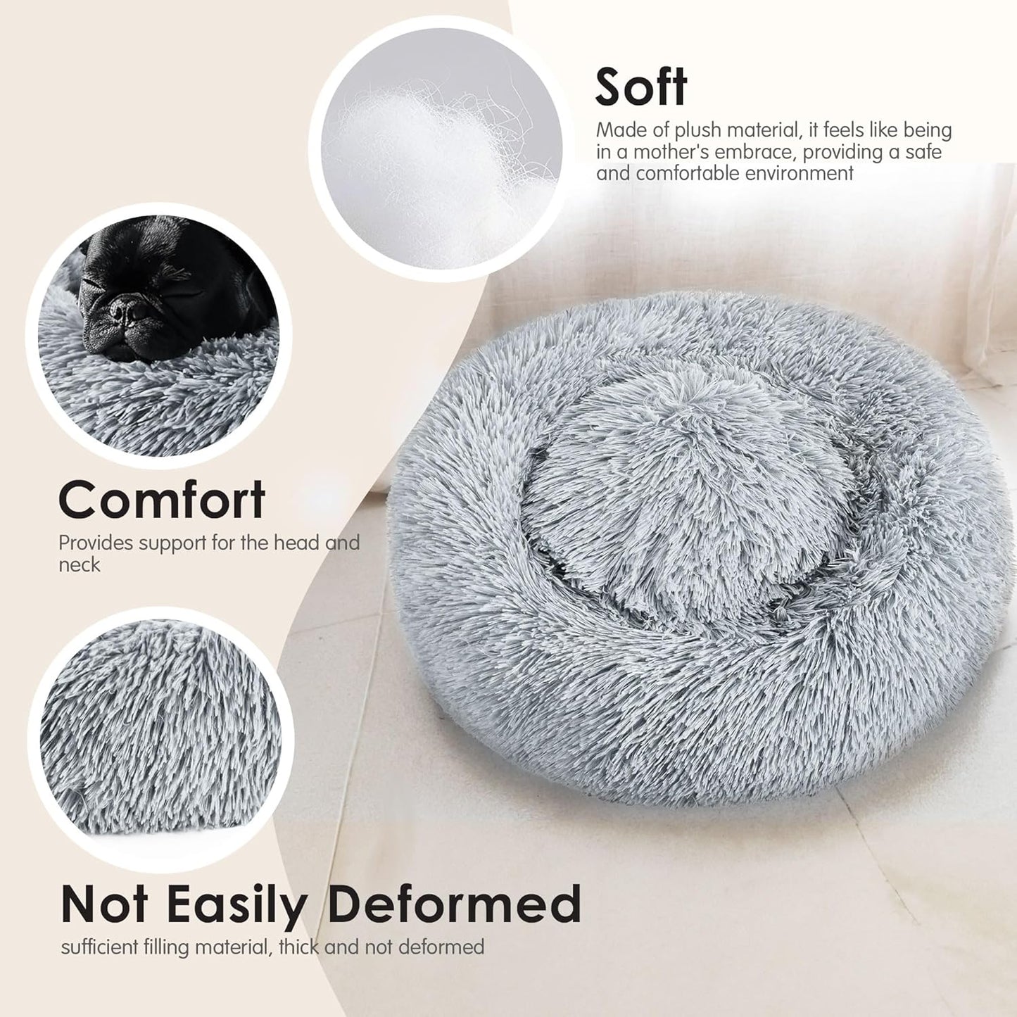Hoewina Dog & Cat Bed for Indoor Cats, 20In Calming Donut Bed for Puppy and Kitten, Washable round Fluffy Pet Bed for Small Medium Dogs and Cats (Light Grey)