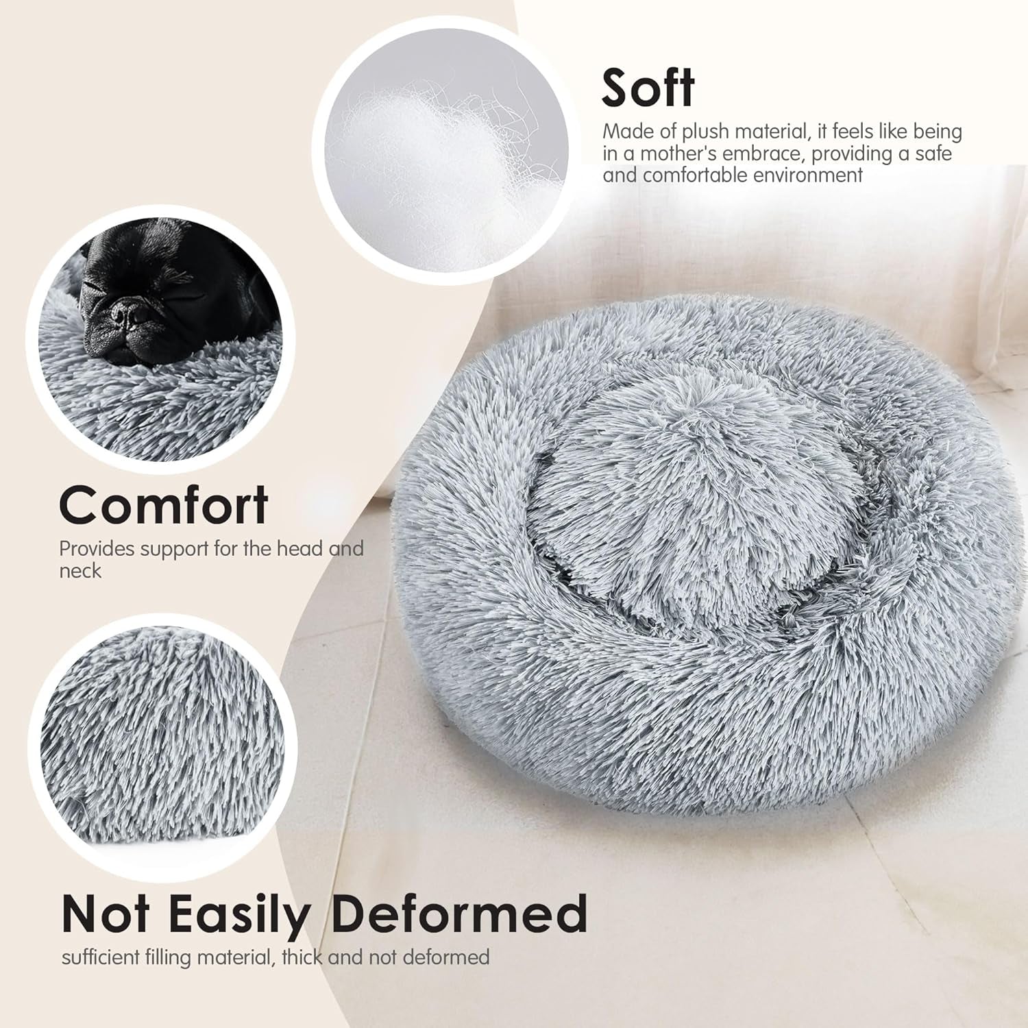 Hoewina Dog & Cat Bed for Indoor Cats, 20In Calming Donut Bed for Puppy and Kitten, Washable round Fluffy Pet Bed for Small Medium Dogs and Cats (Light Grey)