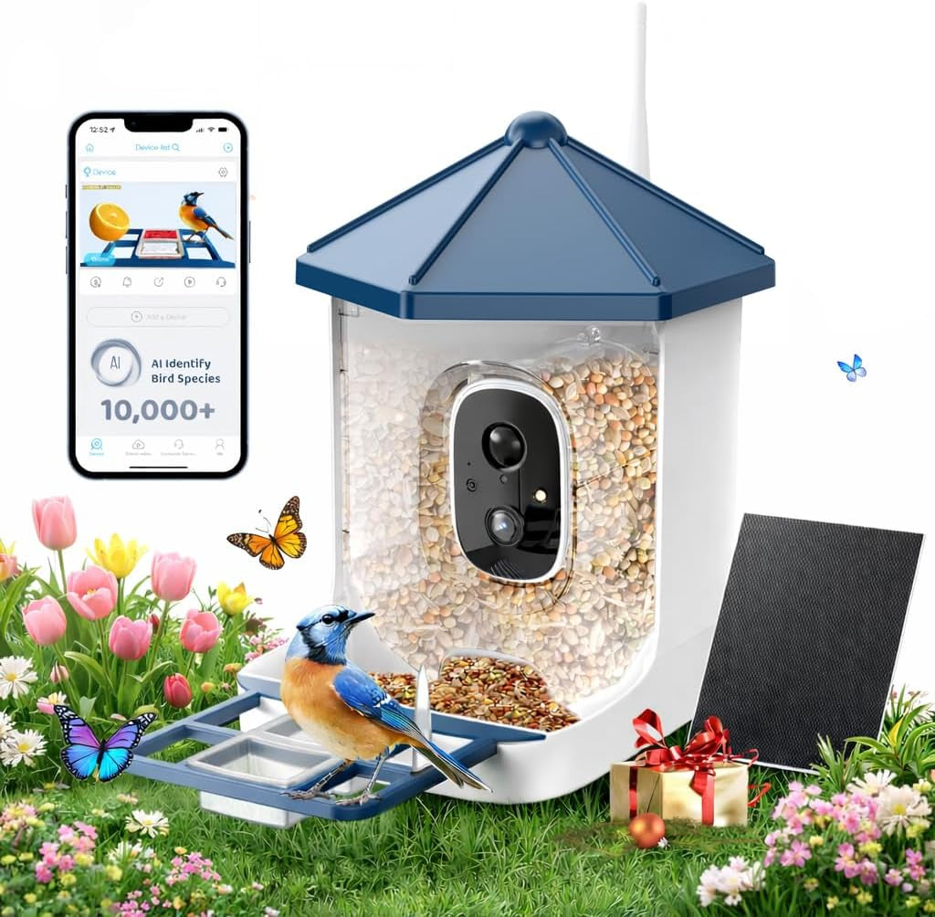 LIWAN Bird Feeder with Camera Solar Powered, 1 Year Trial AI Identify, 2K Live Video, Smart Bird Feeder Camera Wireless Outdoors, 2.4GHZ Wifi, Instant Arrival Alerts, Ideal Gift for Birdlovers