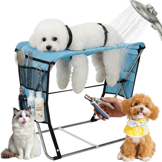 Foldable Dog Grooming Hammock with Stand for Small Dogs & Cats - 30 Lbs