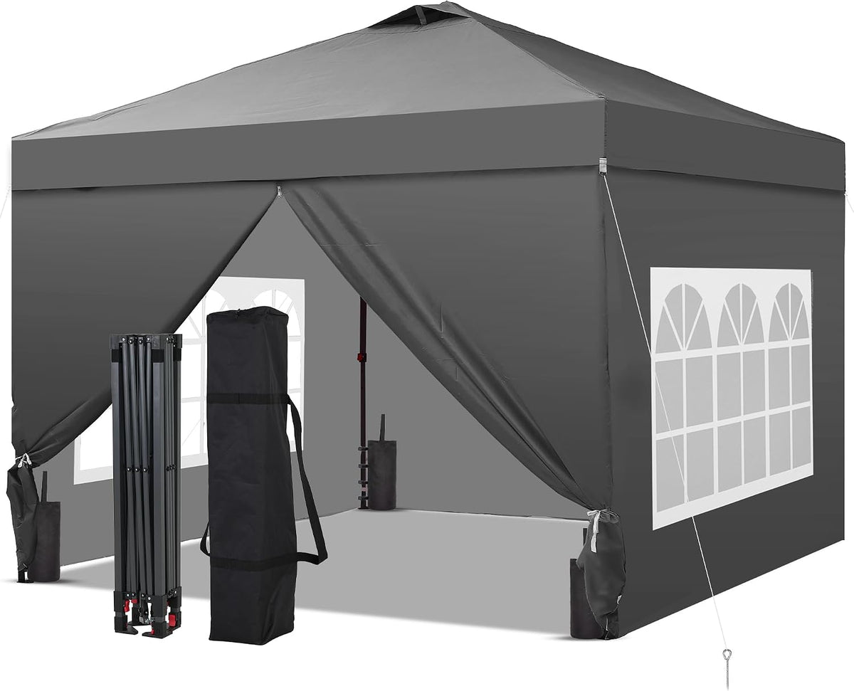 GDY 10X10 Pop up Canopy Tent with 4 Sidewalls, Easy Set Up, Outdoor Silver Coated Beach Gazebos, Carpas with 4 Sandbags, for Pool, Events, Parties, and Camping, Gray.