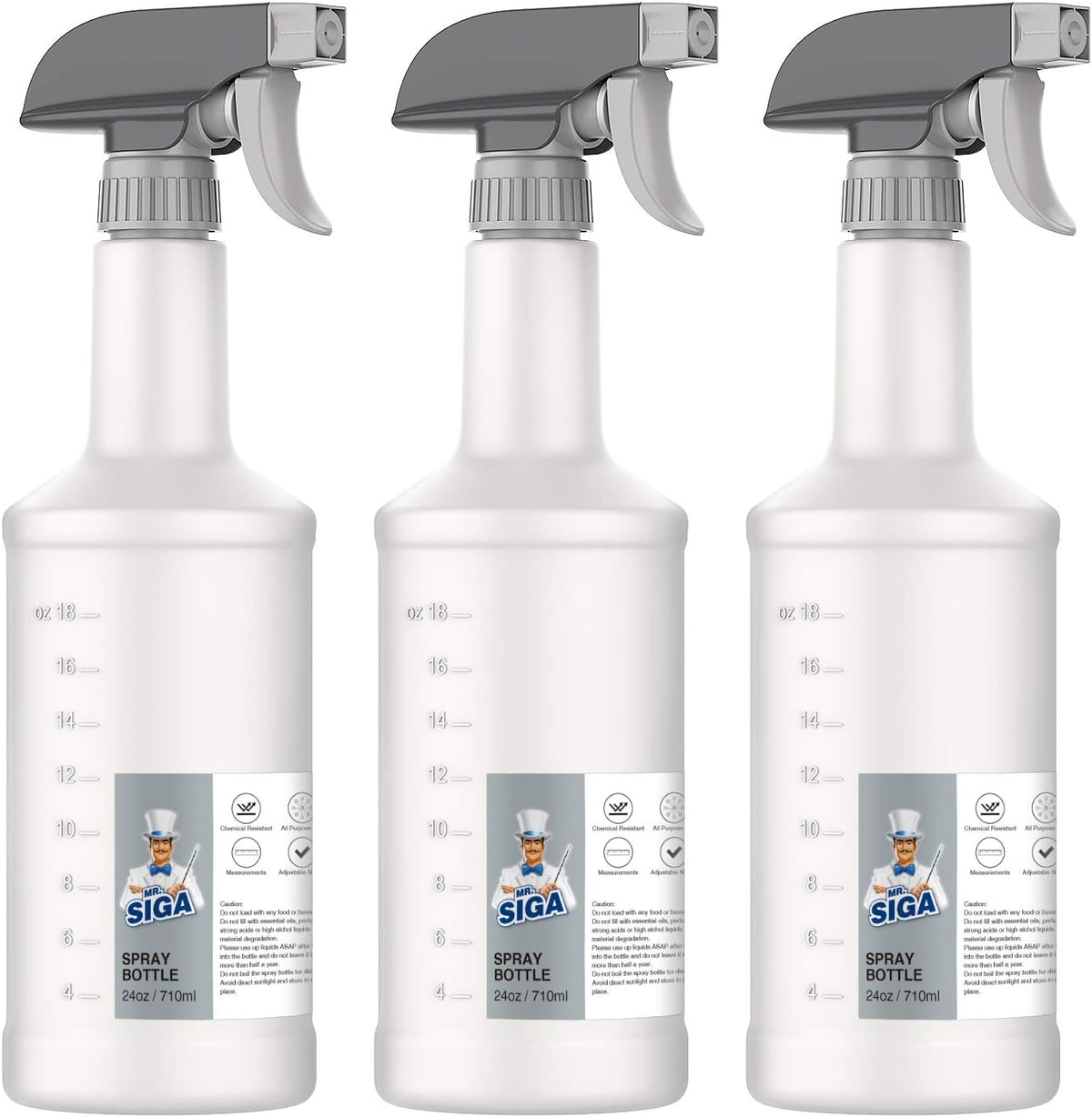 MR.SIGA 24 Oz Empty Plastic Spray Bottles for Cleaning Solutions, 3 Pack