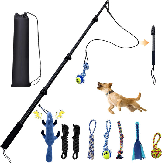 Flirt Pole for Dogs, Interactive Toys Tug-Of-War for Dogs, Four-Section Retractable Adjustable Length, Chase Toys with Rope Chewing Sticks, for Outdoor Exercise & Training