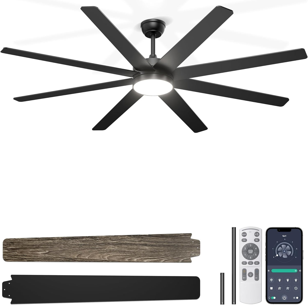 72'' Black Large Ceiling Fan with Lights for Indoor/Covered Outdoor